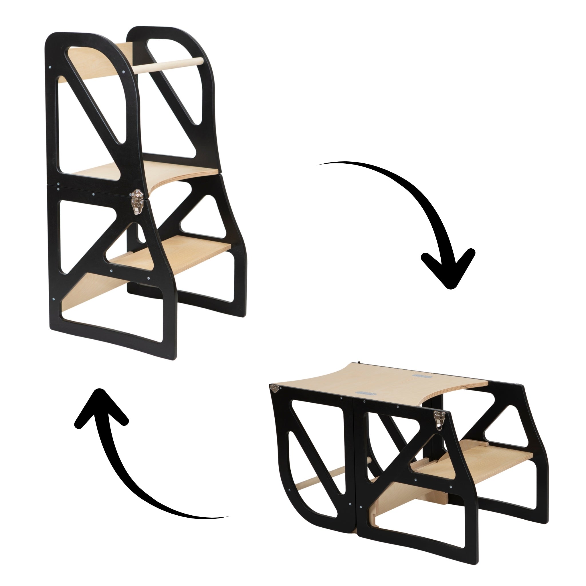Black convertible kitchen tower transforming from standing stool to table and chair mode