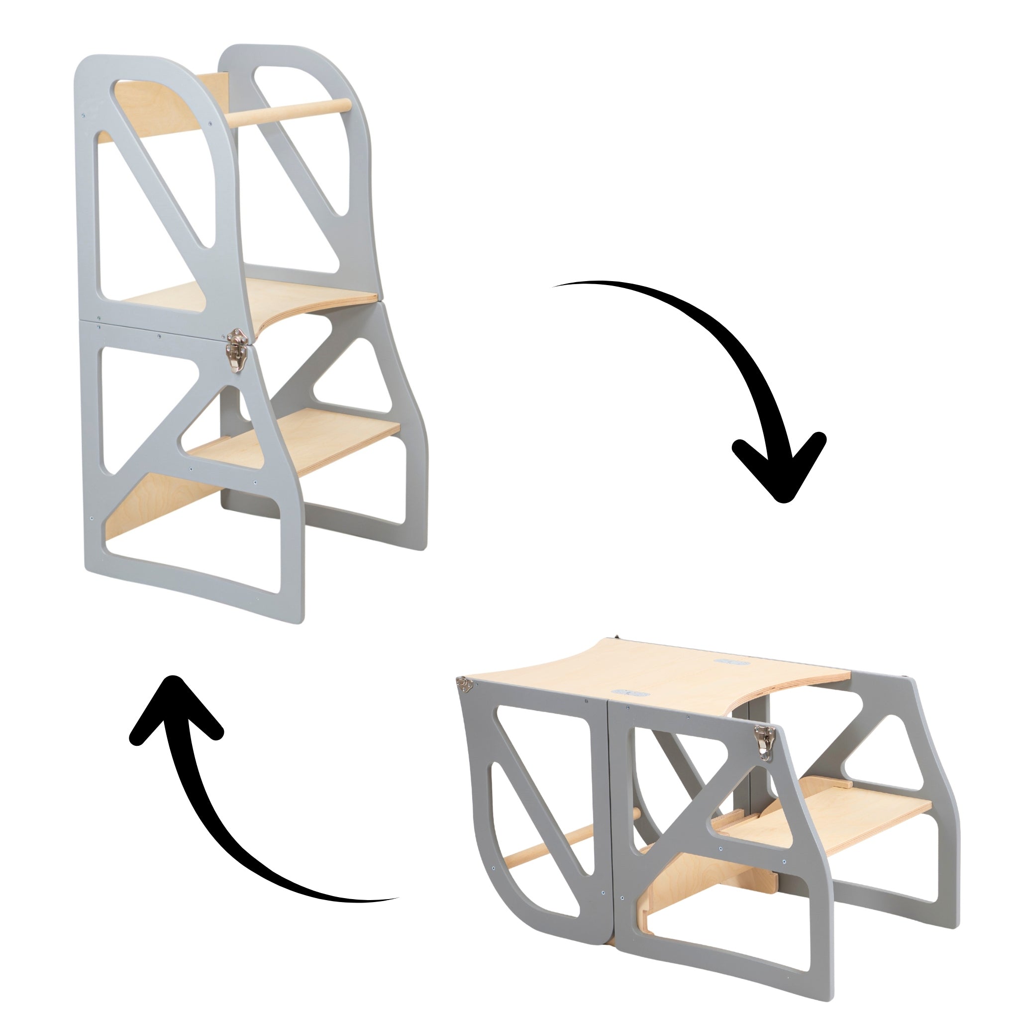 Grey transformable kitchen tower switching between learning tower and table chair mode
