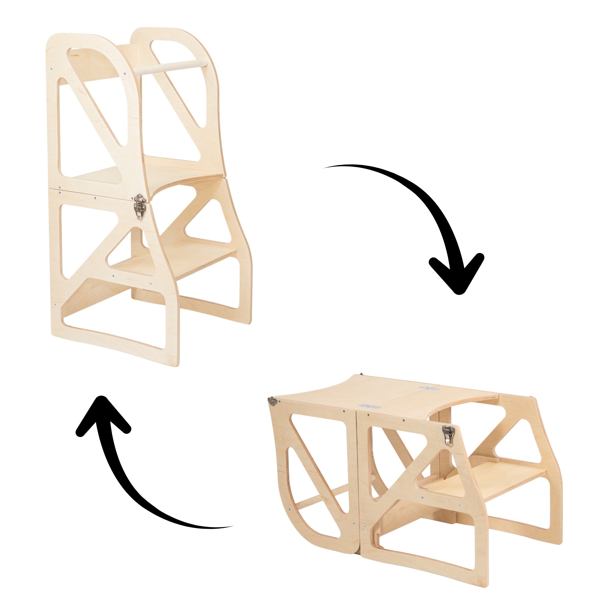 Natural wood transformable kitchen tower switching from standing mode to table and chair mode