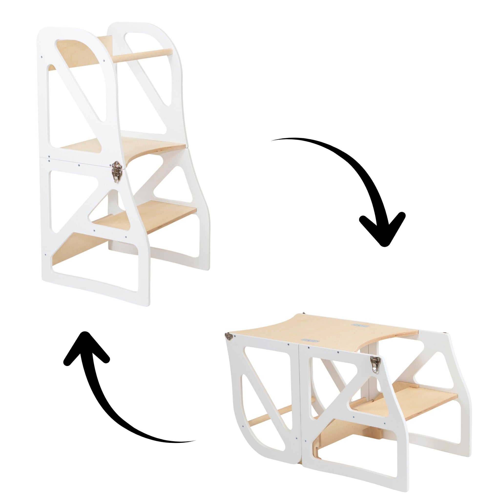 White adjustable kitchen tower converting into table and chair mode