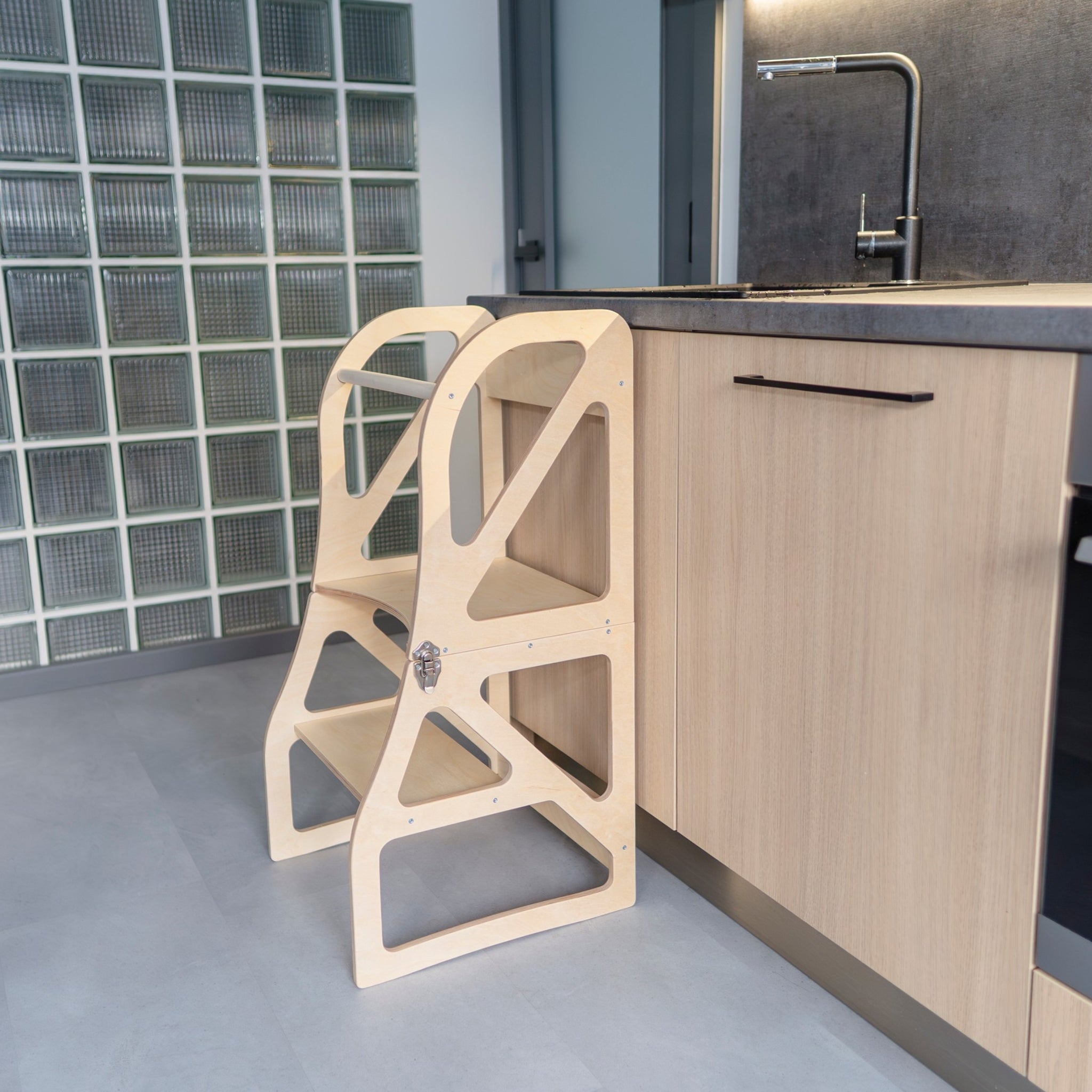 Adjustable wooden kitchen tower in natural finish, convertible toddler learning stool