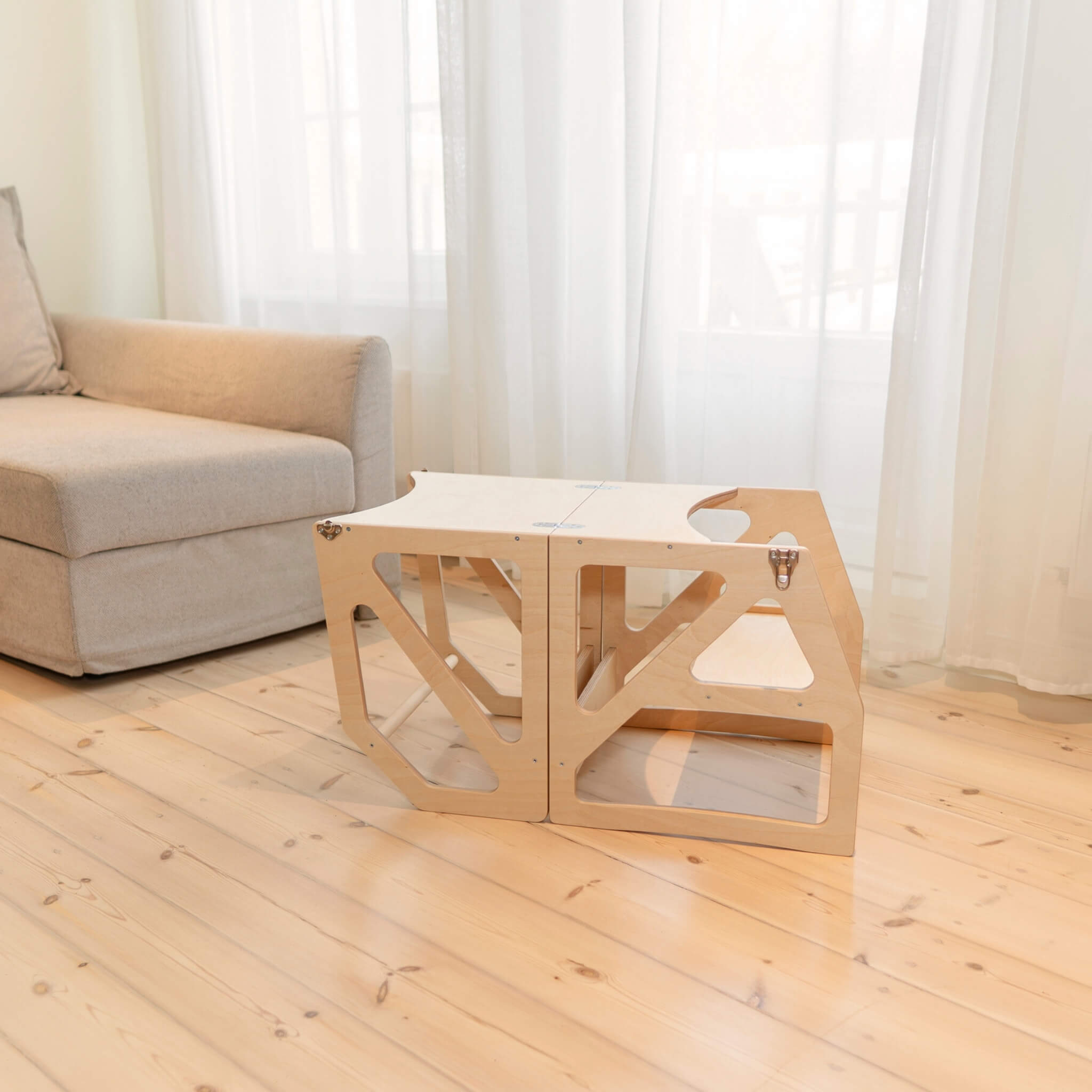 Natural adjustable kitchen tower in table and chair mode