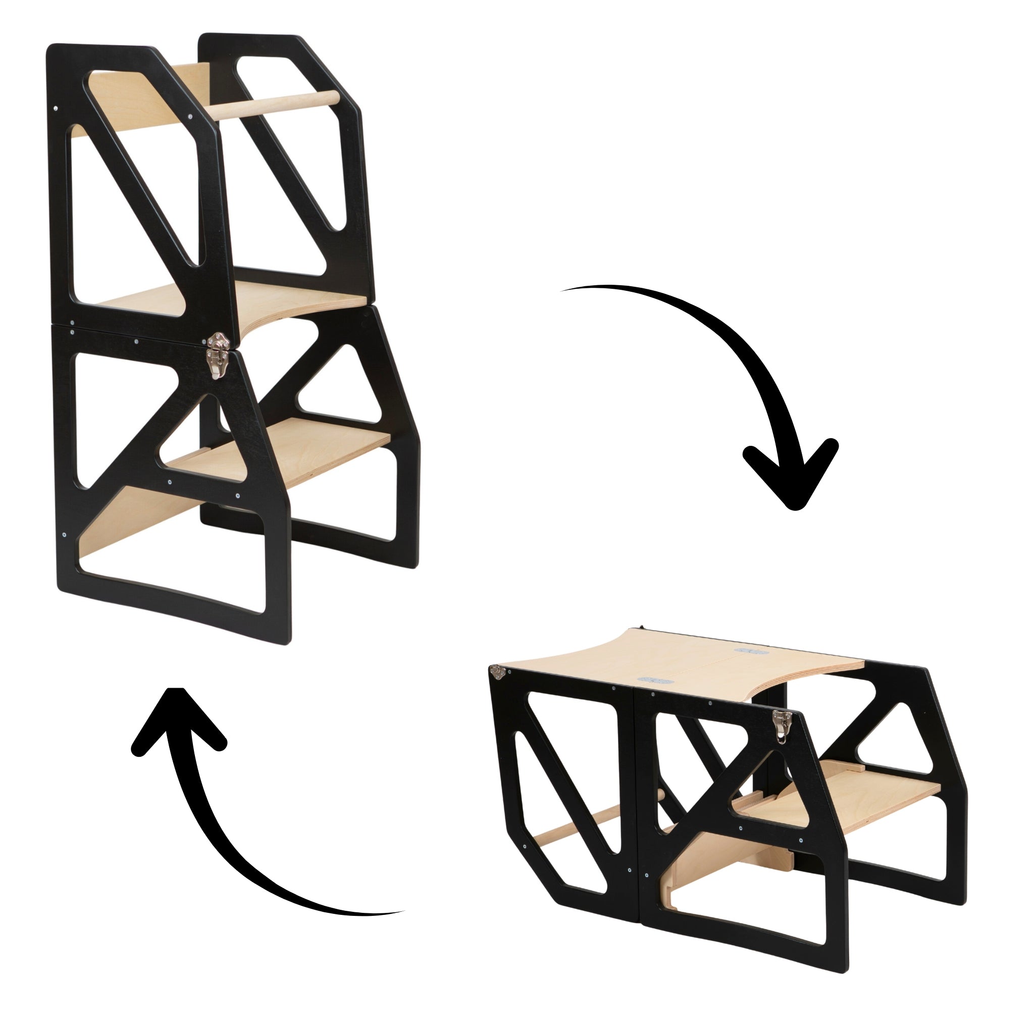Black convertible kitchen tower switching between learning tower and table chair mode