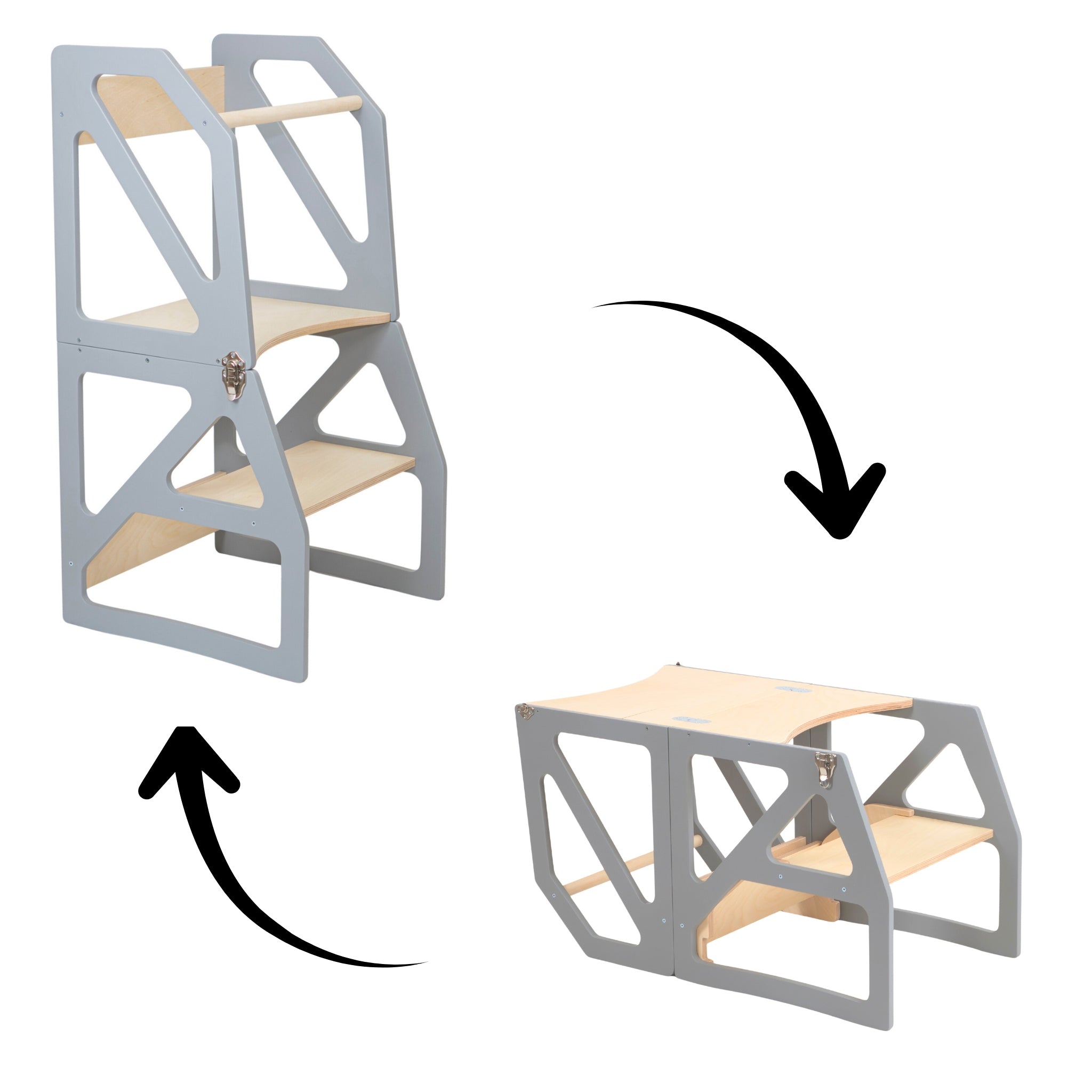 Grey adjustable kitchen tower transforming from standing stool to table and chair mode