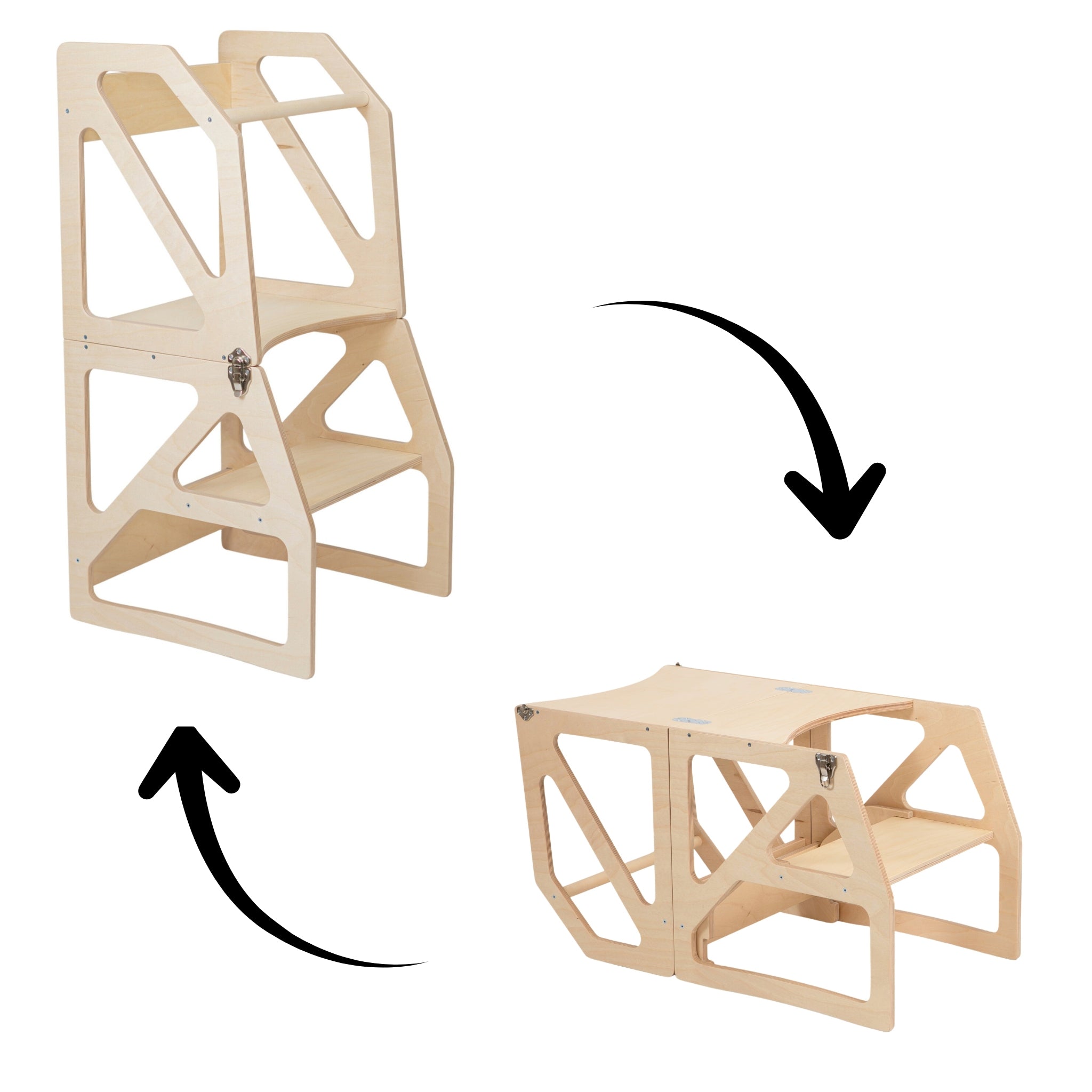 Natural wood transformable kitchen tower converting into table and chair mode