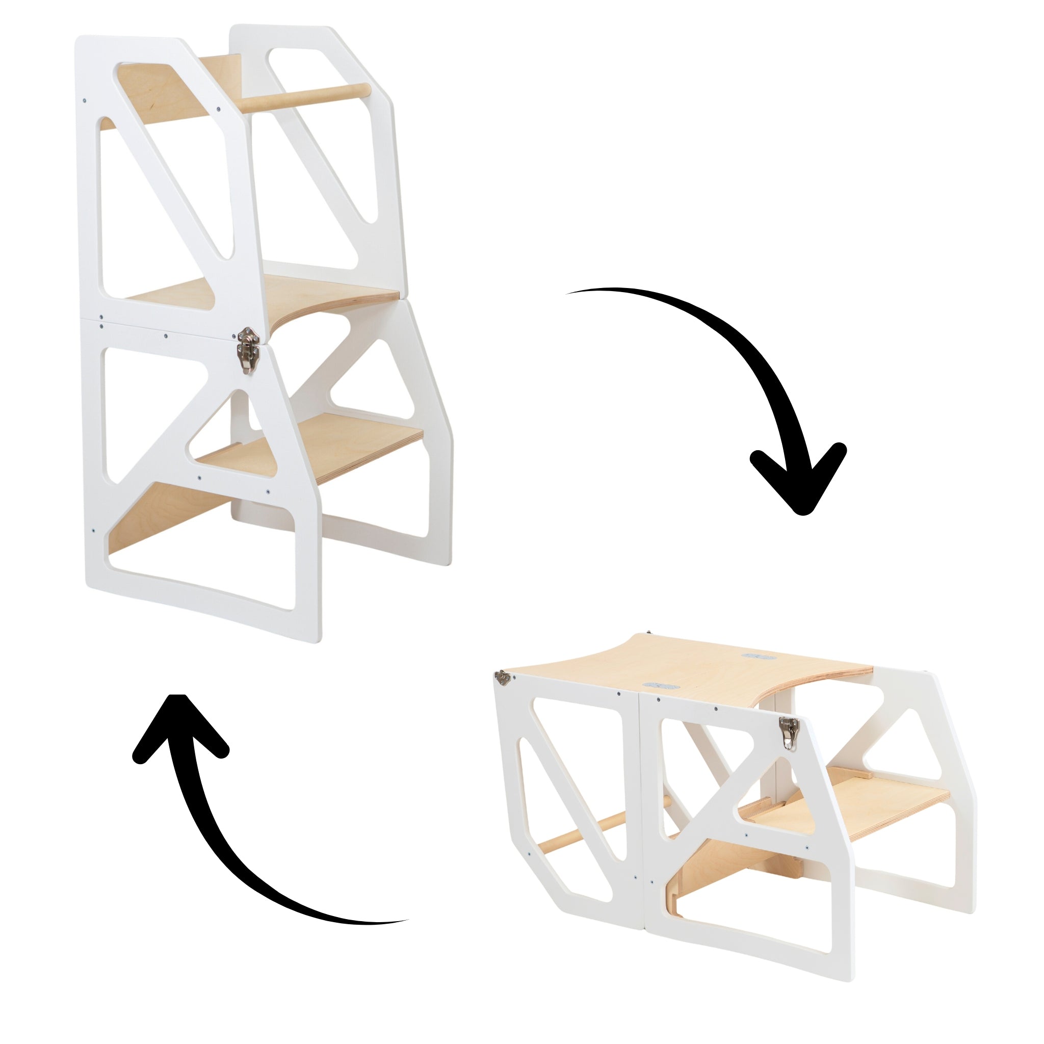 White transformable kitchen tower converting into adjustable table and chair mode
