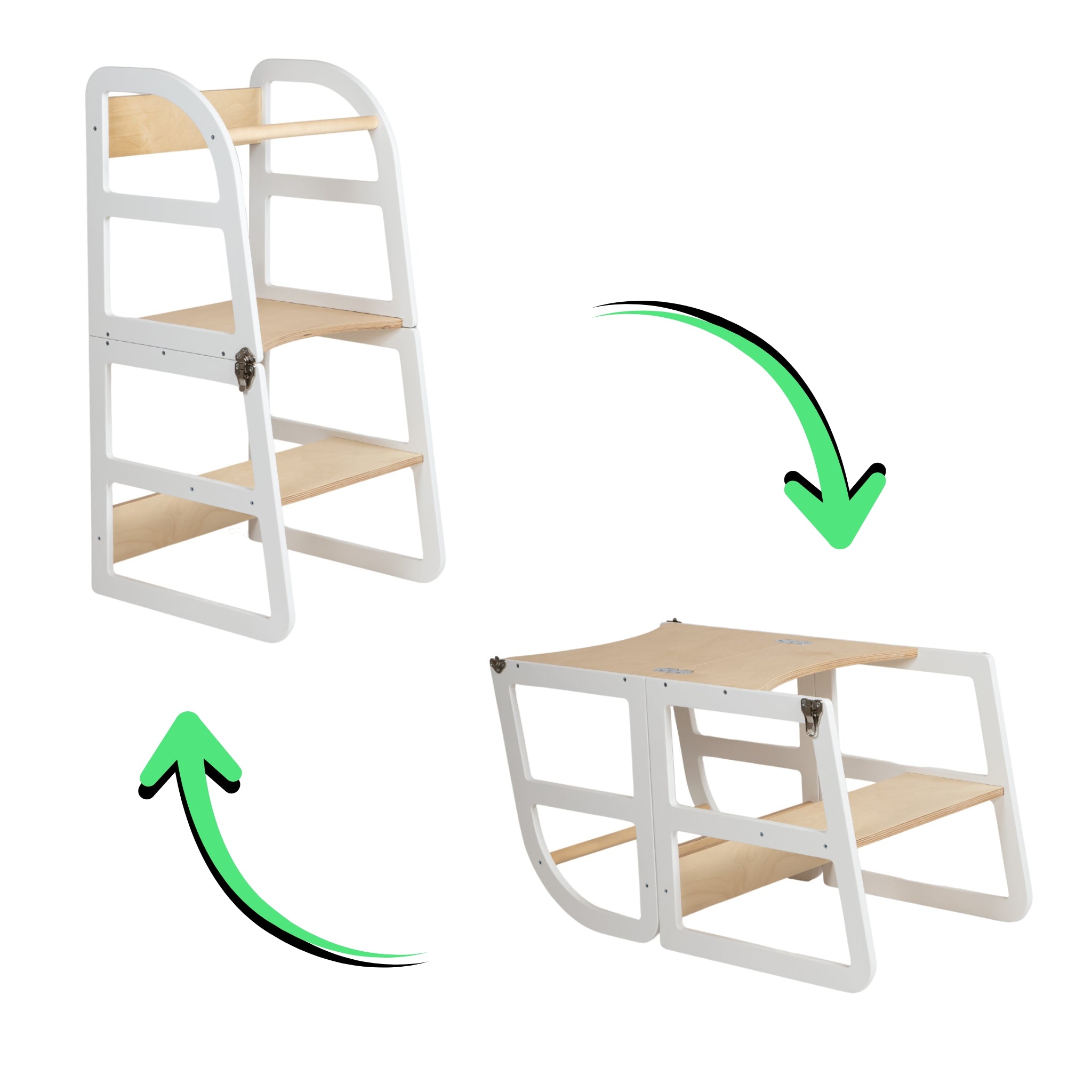 White transformable kitchen tower changing into a table and chair for toddlers