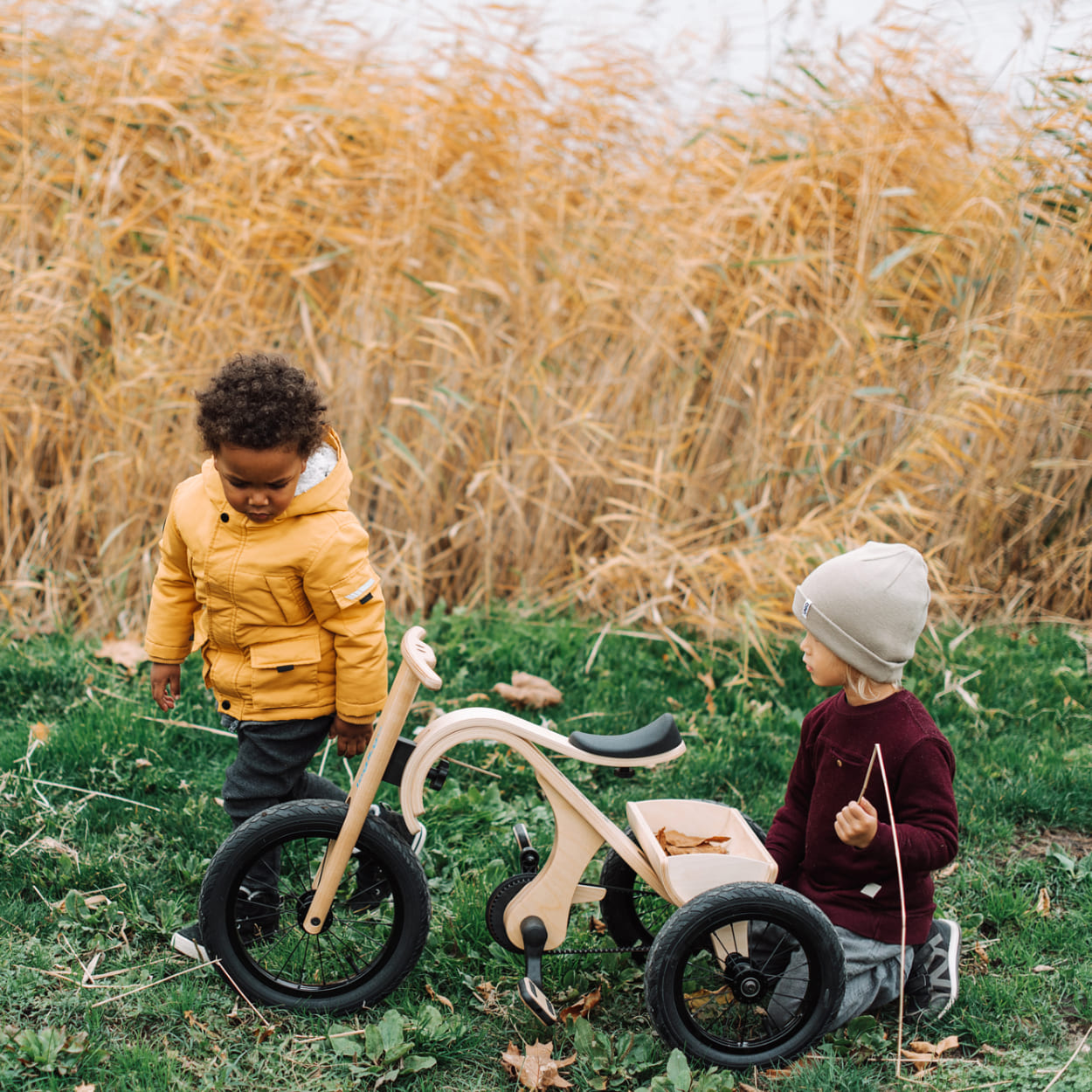 Boys playing with wooden tricycle in nature