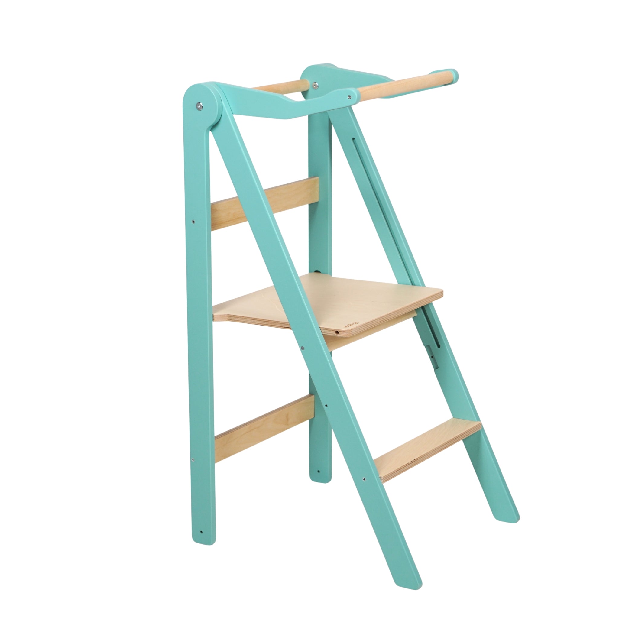 Turquoise foldable learning tower for toddlers with safety rail and space-saving design