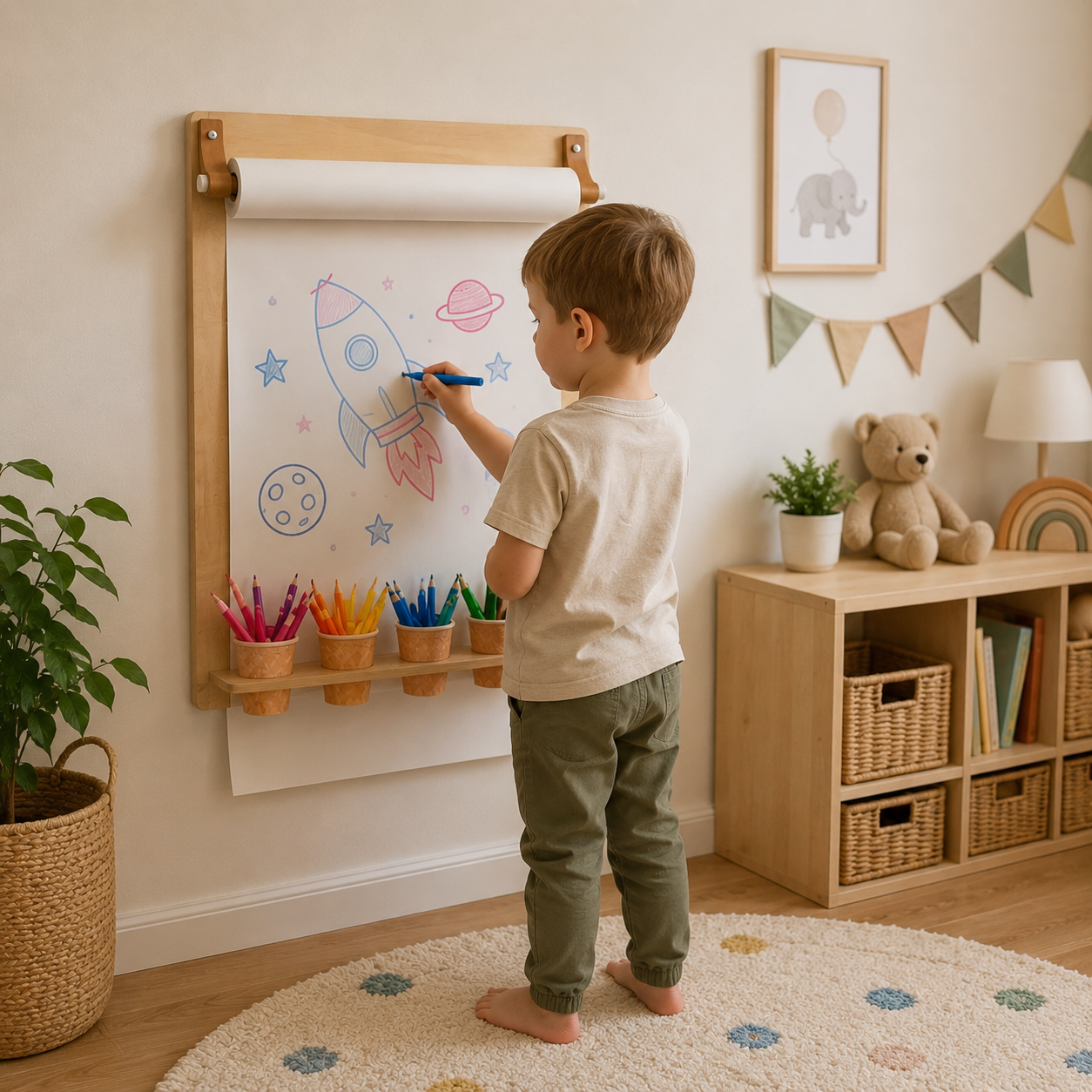 Wall-mounted wooden drawing board for kids with paper roll and pencil holder in a cozy playroom setting