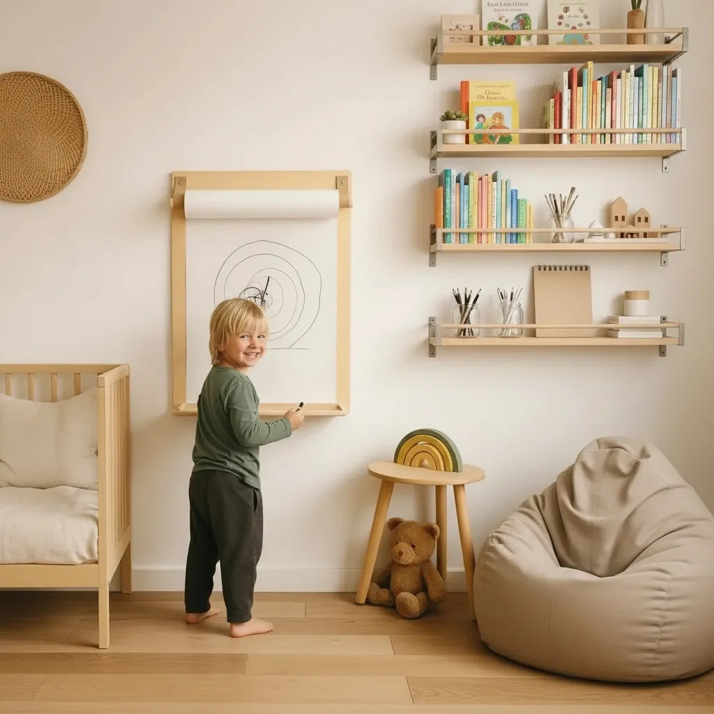 Wall mount drawing board installed as creative drawing wall in kids room