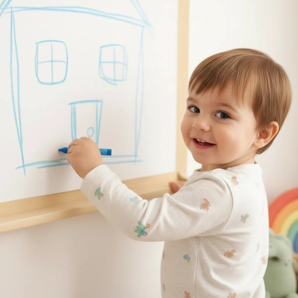 Toddler drawing on wall mounted art board creative drawing wall