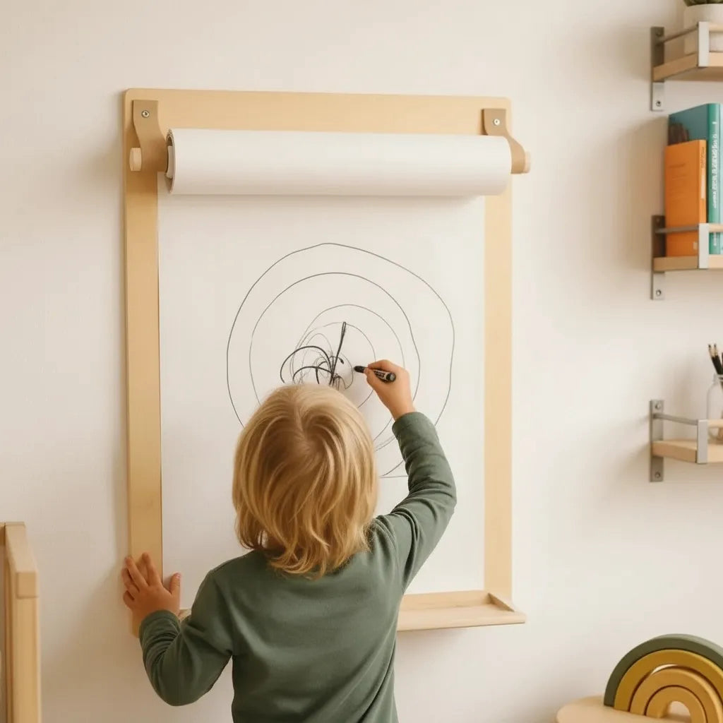 Child using wooden wall mount drawing board with paper roll