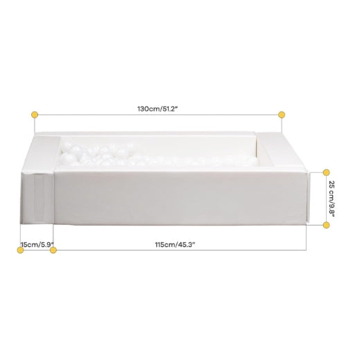 Soft white ball pit with dimensions labeled