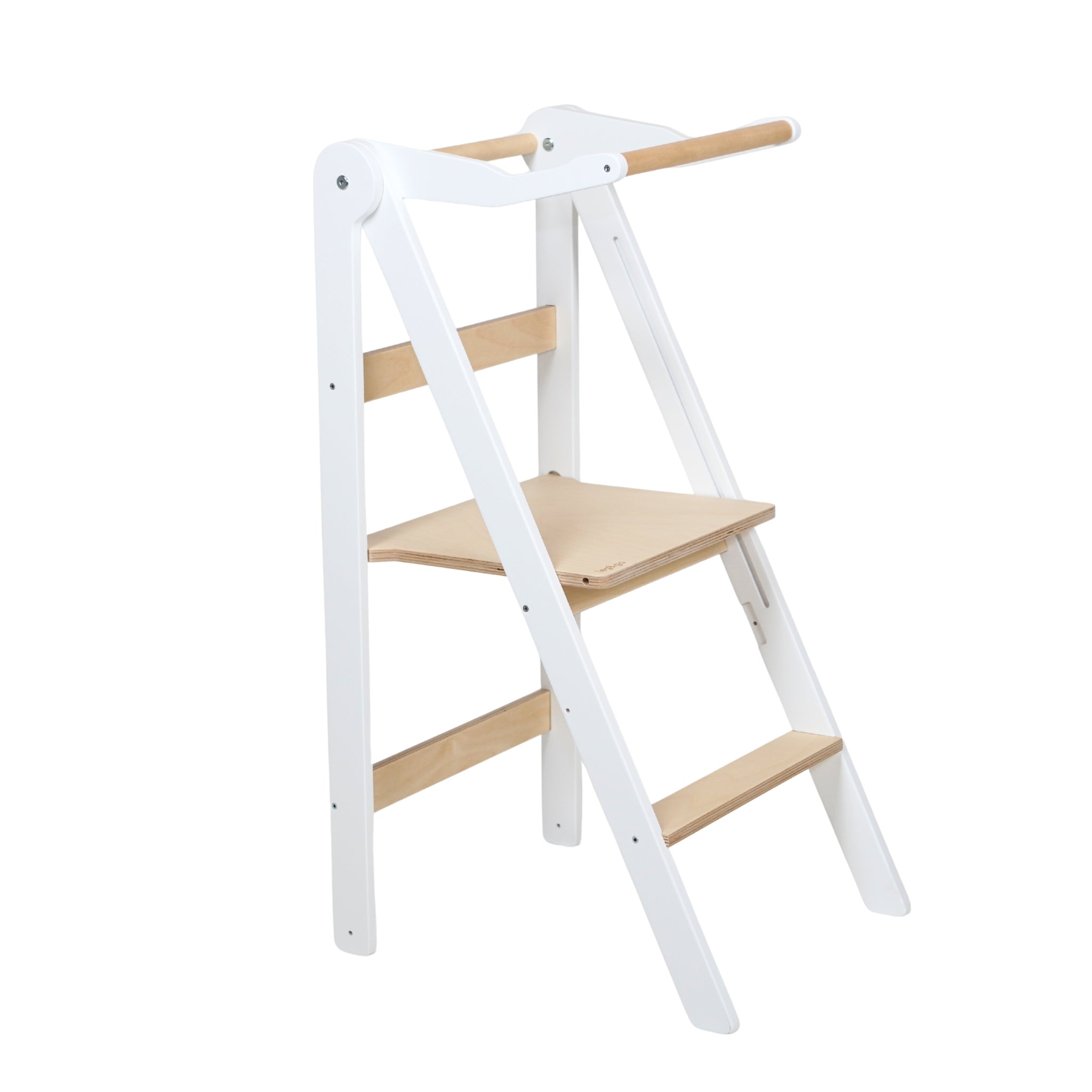 White wooden helper tower for toddlers with foldable design and built-in safety rail