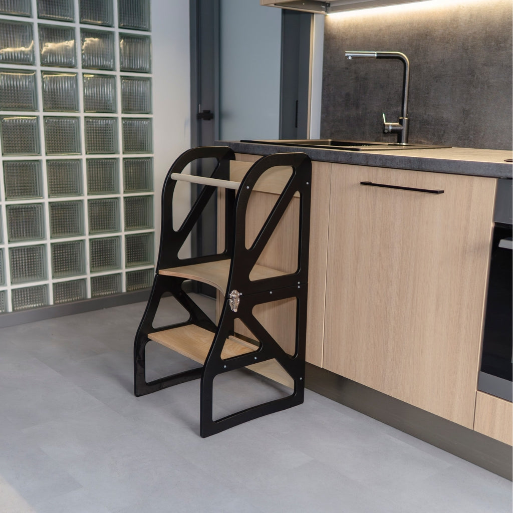 Convertible black kitchen tower learning stool for toddlers