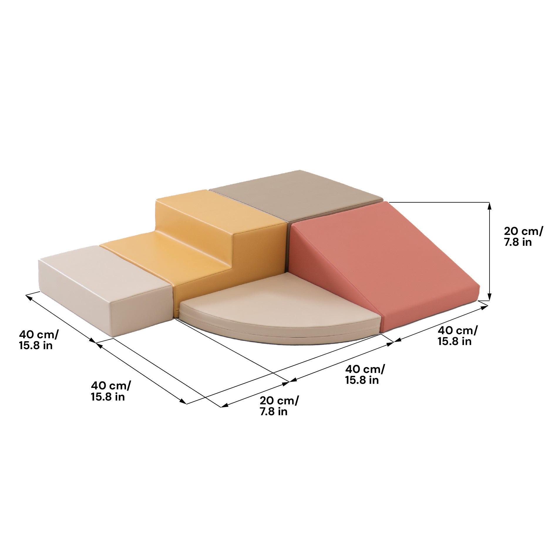 Detailed size guide and dimensions of the beige and pink corner climber soft play blocks set