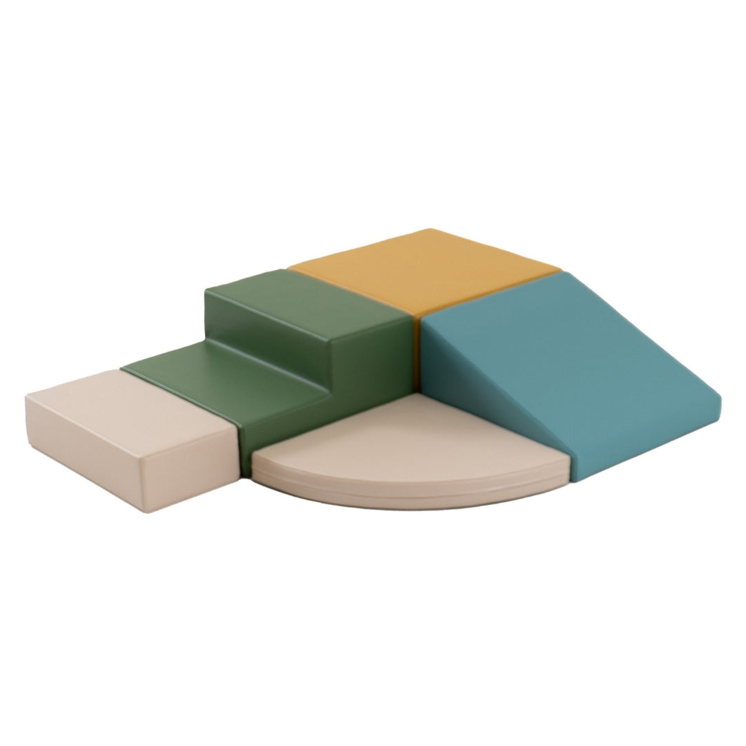 Beige and turquoise soft play corner climber set with five foam blocks displayed on white background