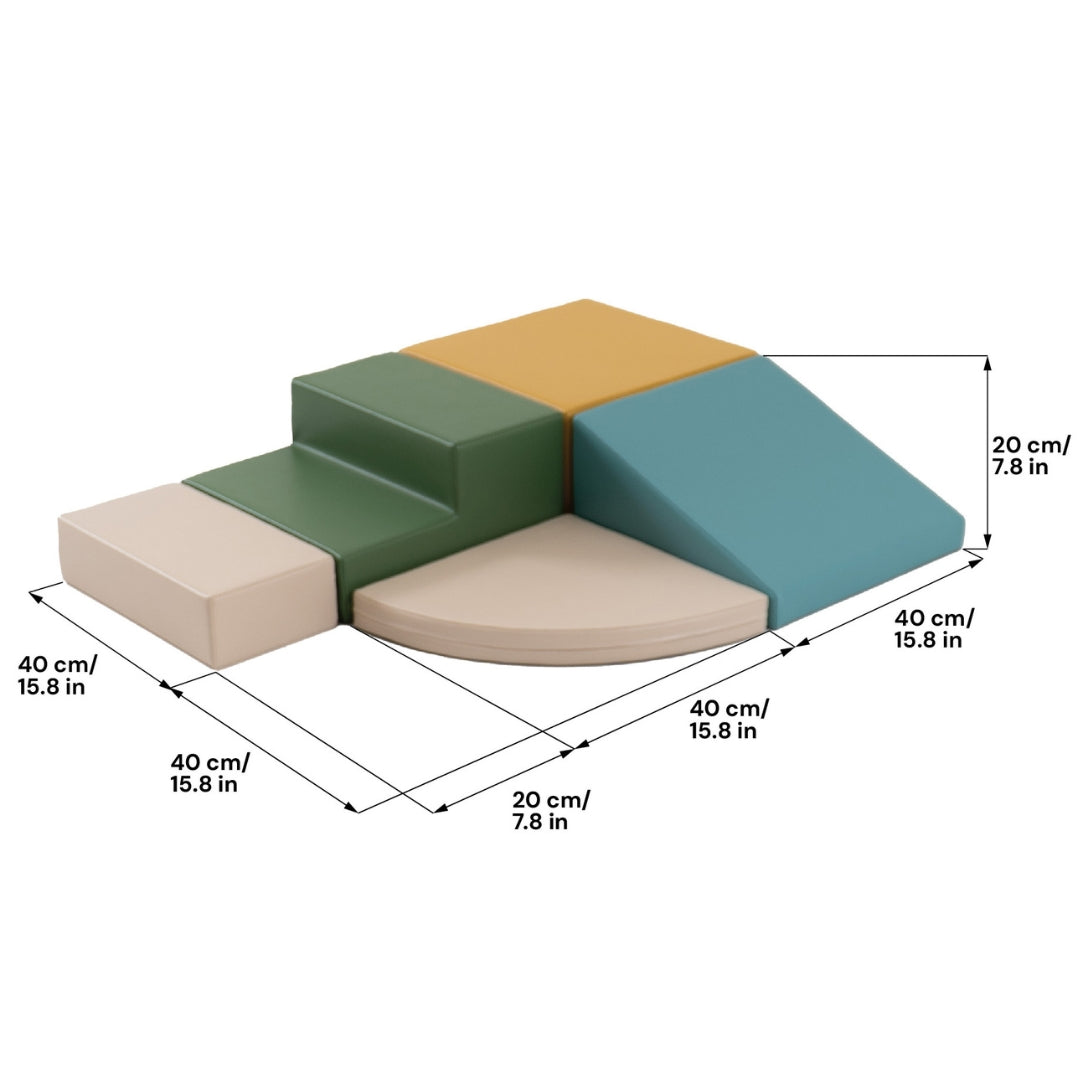 Beige and turquoise soft play corner climber set with labeled dimensions of each foam block