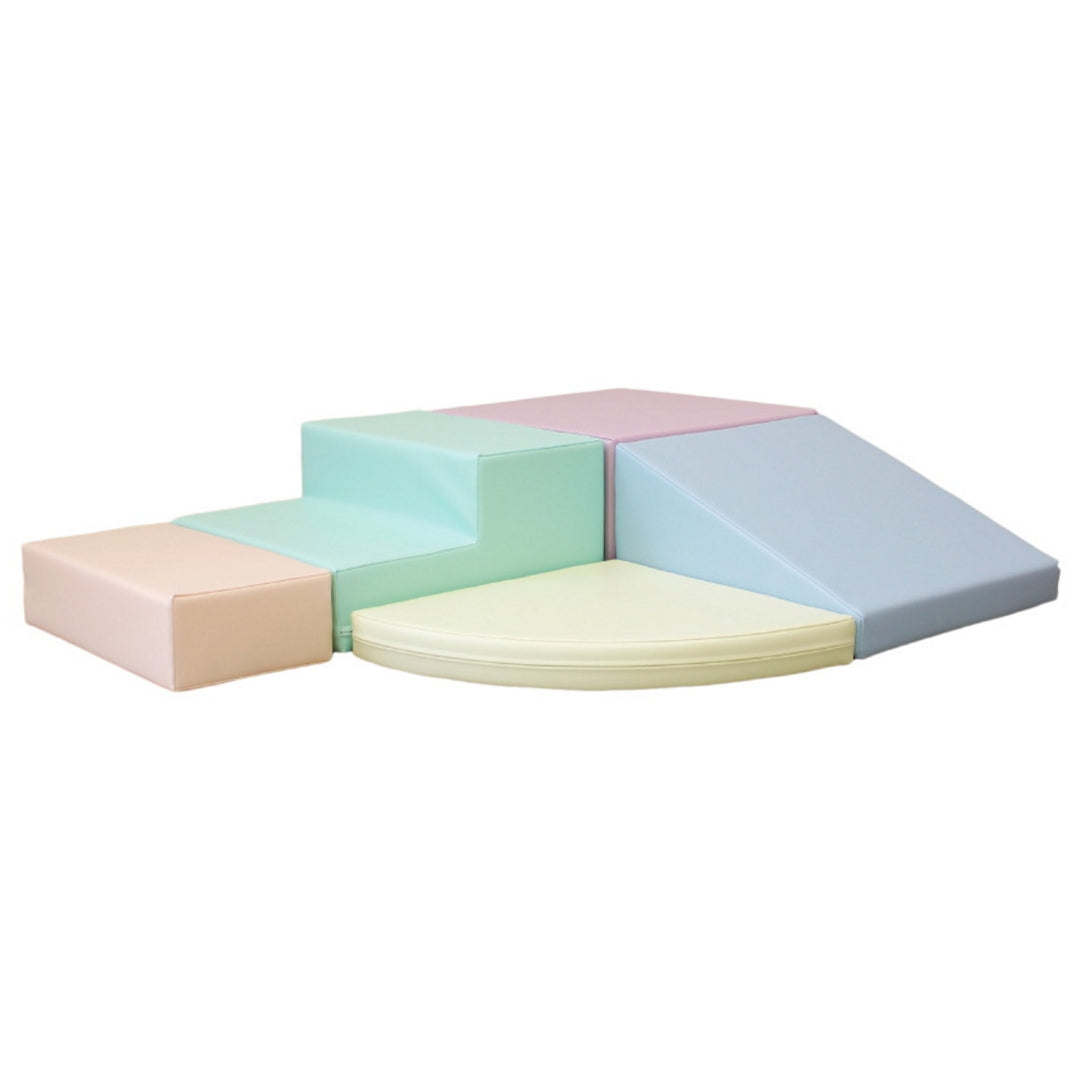 Pastel-colored soft play corner climber set with five foam blocks displayed on white background