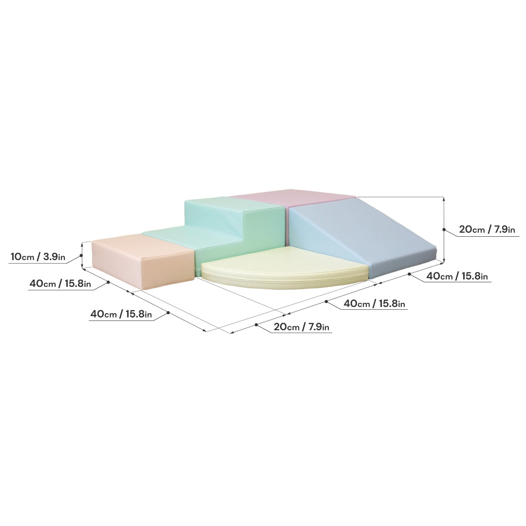 Pastel soft play corner climber set with size measurements for each foam block displayed