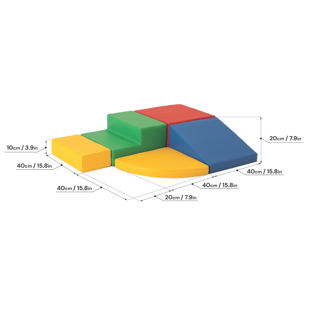 Multicolor soft play corner climber set with size dimensions shown for each foam piece
