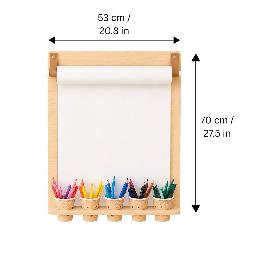 Drawing board with pencil holder cups and size dimensions for accurate product visualization
