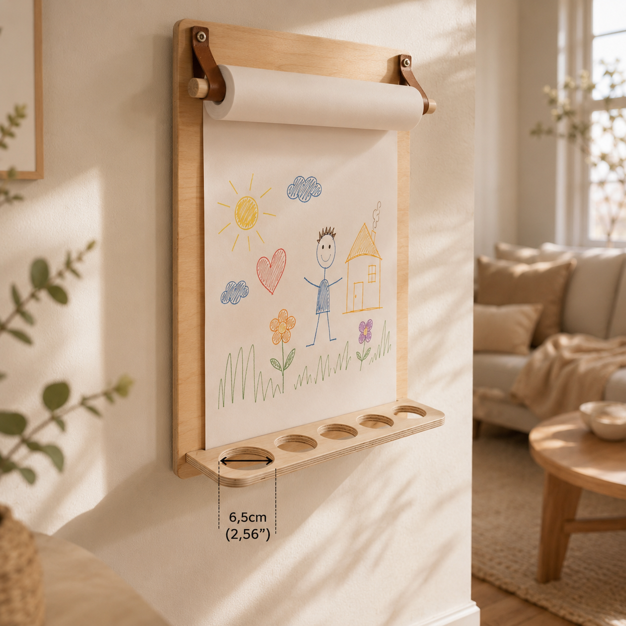 wooden drawing board with pencil holder cups showing 6.5 cm hole size for art supplies storage