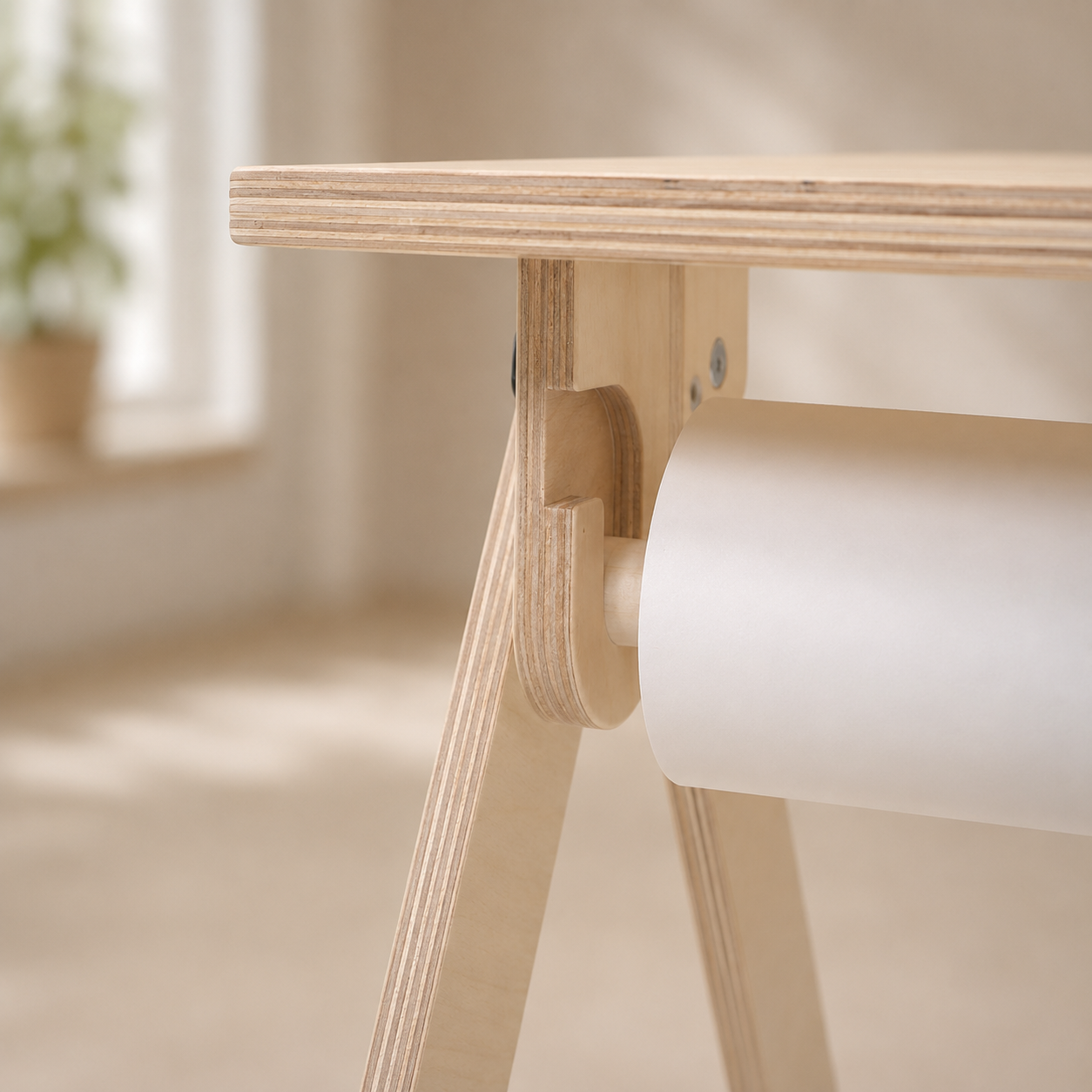Close-up of the sturdy wooden legs on a foldable kids activity table