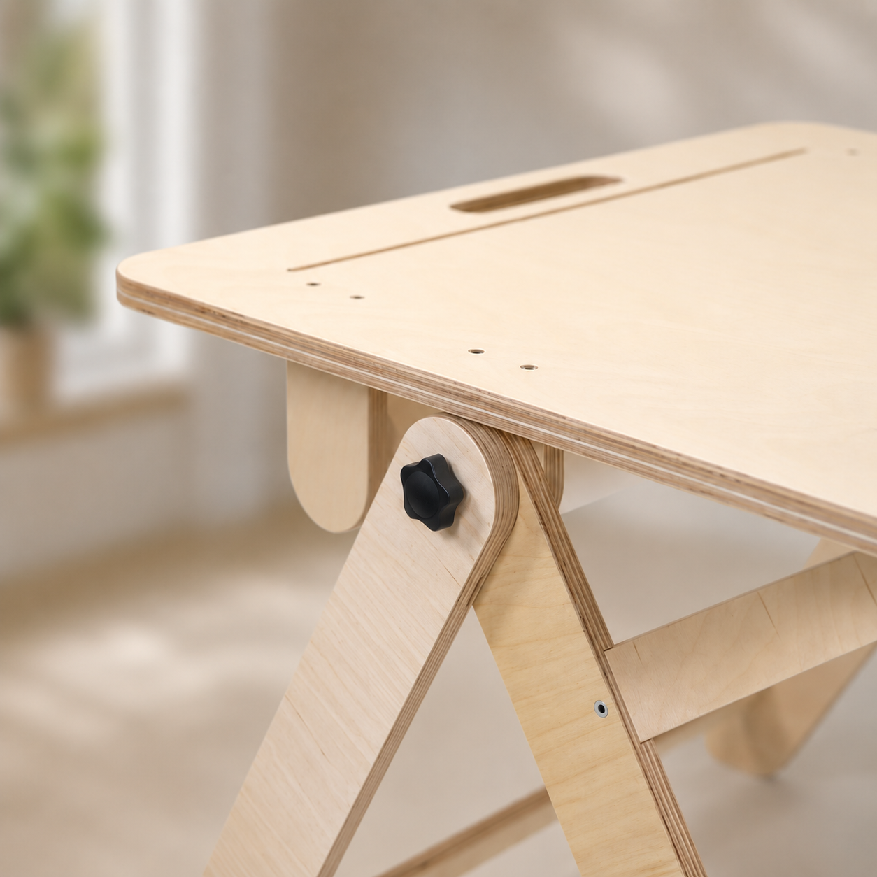Close-up of the paper feed slot on a wooden kids drawing table