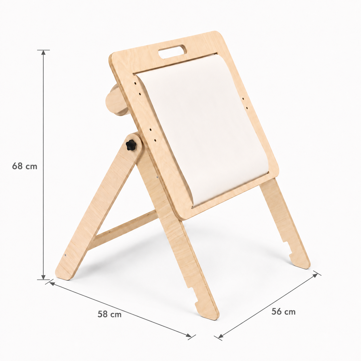 Dimensions of a wooden kids drawing board in the upright position
