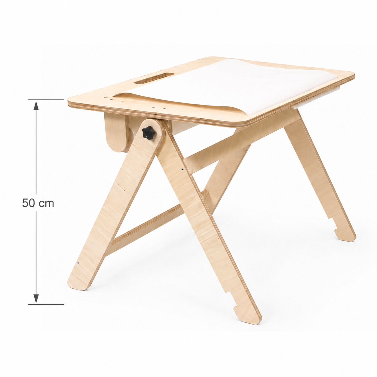 Dimensions of a foldable kids drawing table in upright and stored positions
