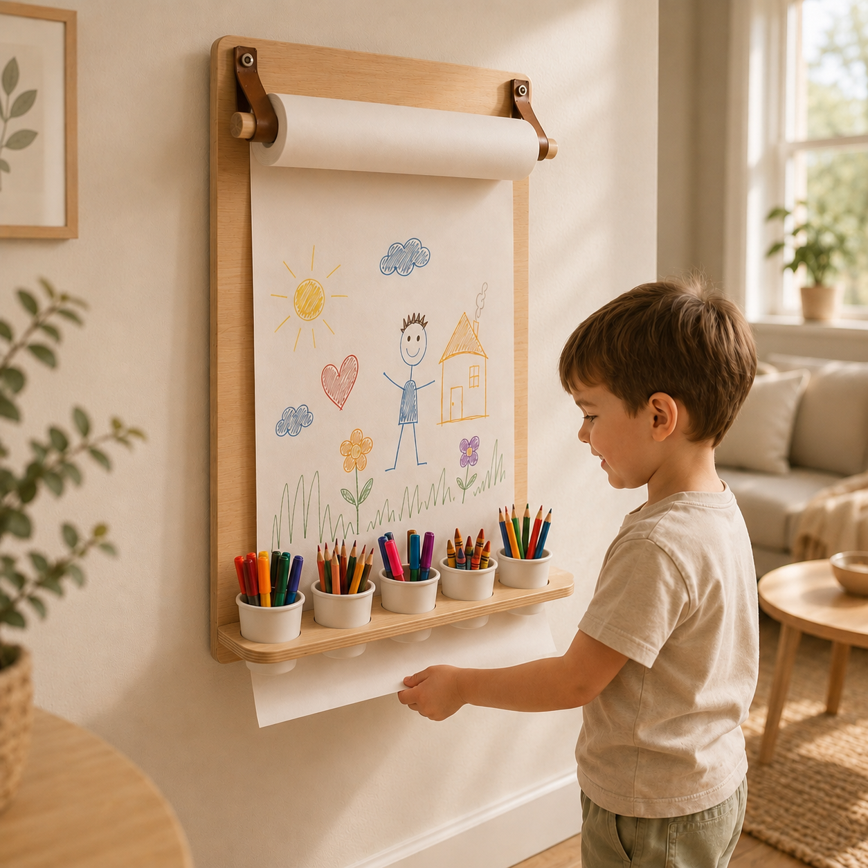 Wooden drawing board with built-in pencil holder shelf for organized kids art supplies