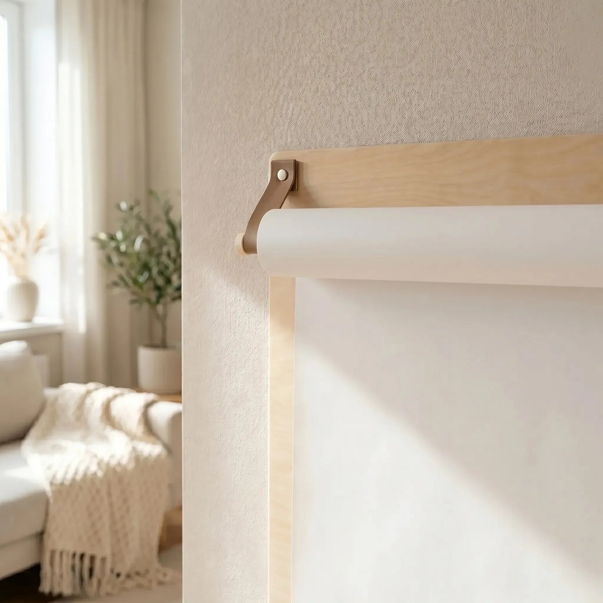 wall-mounted kids drawing board with paper roll in a light, modern interior
