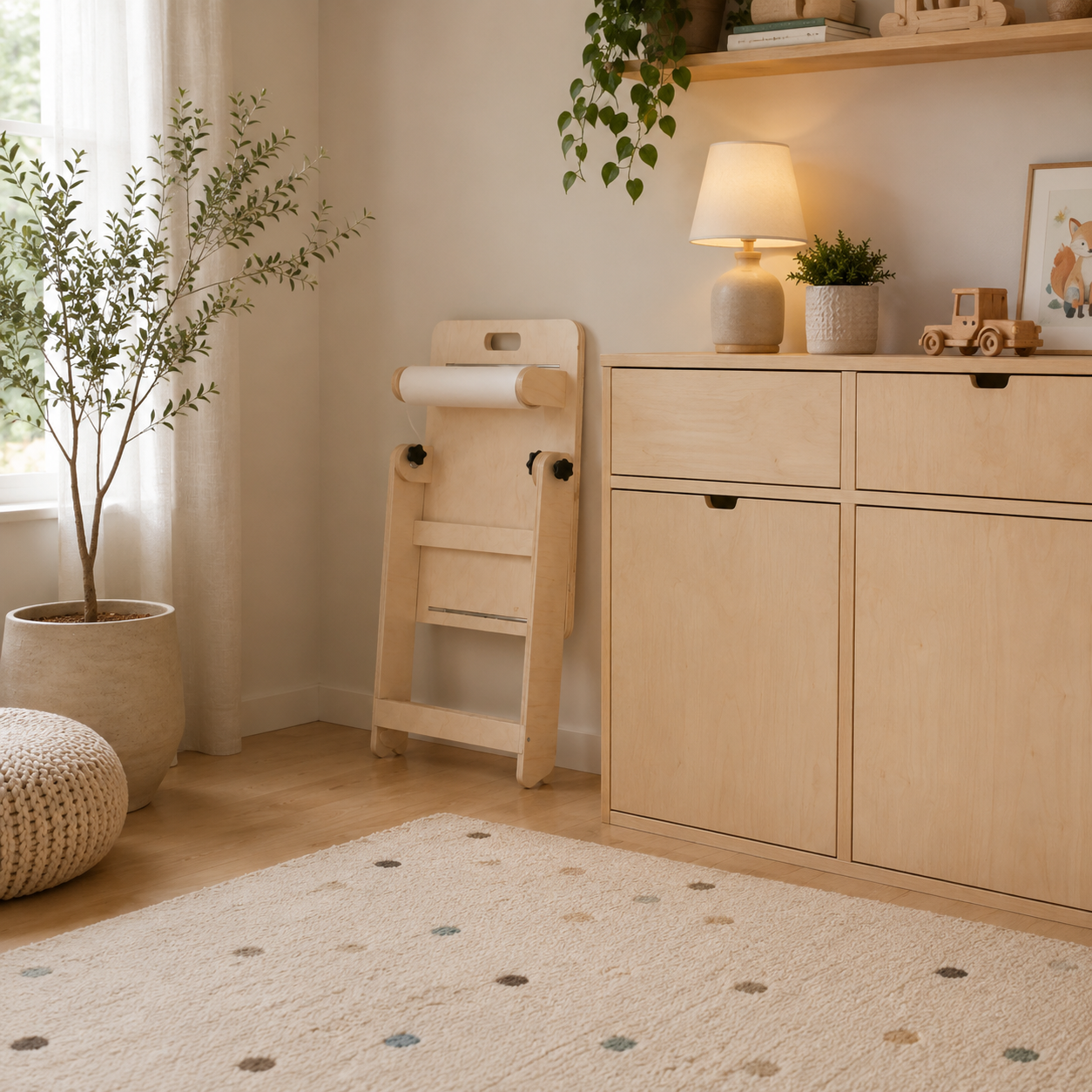 Foldable kids drawing table stored beside a cabinet in a small playroom