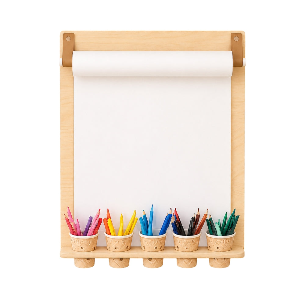 Wooden kids drawing board with pencil holder isolated on white background for product display