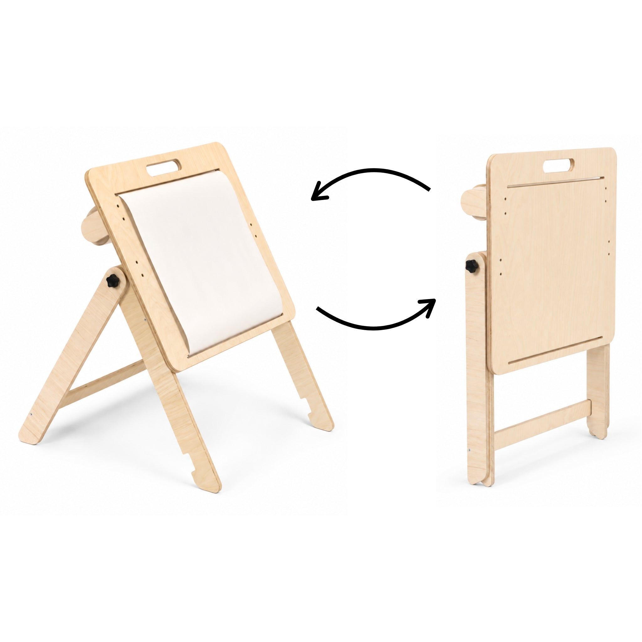 Foldable kids drawing board shown upright and folded for space-saving storage