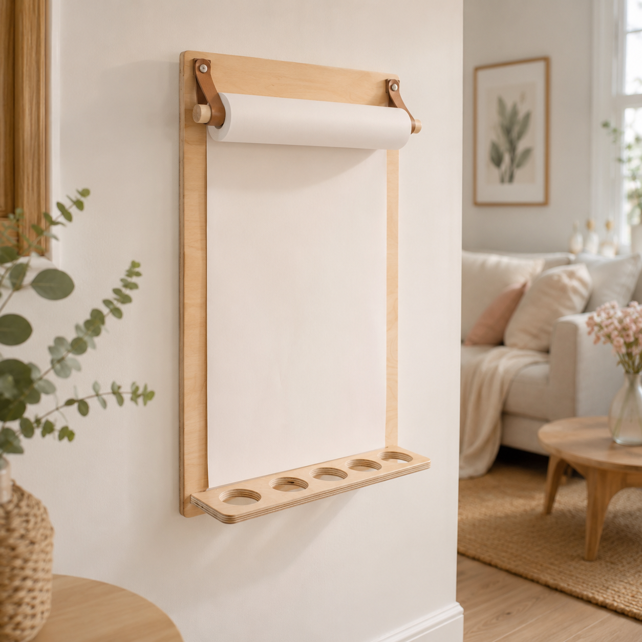 Minimalist wall-mounted wooden drawing board without cups, designed for screen-free kids creativity