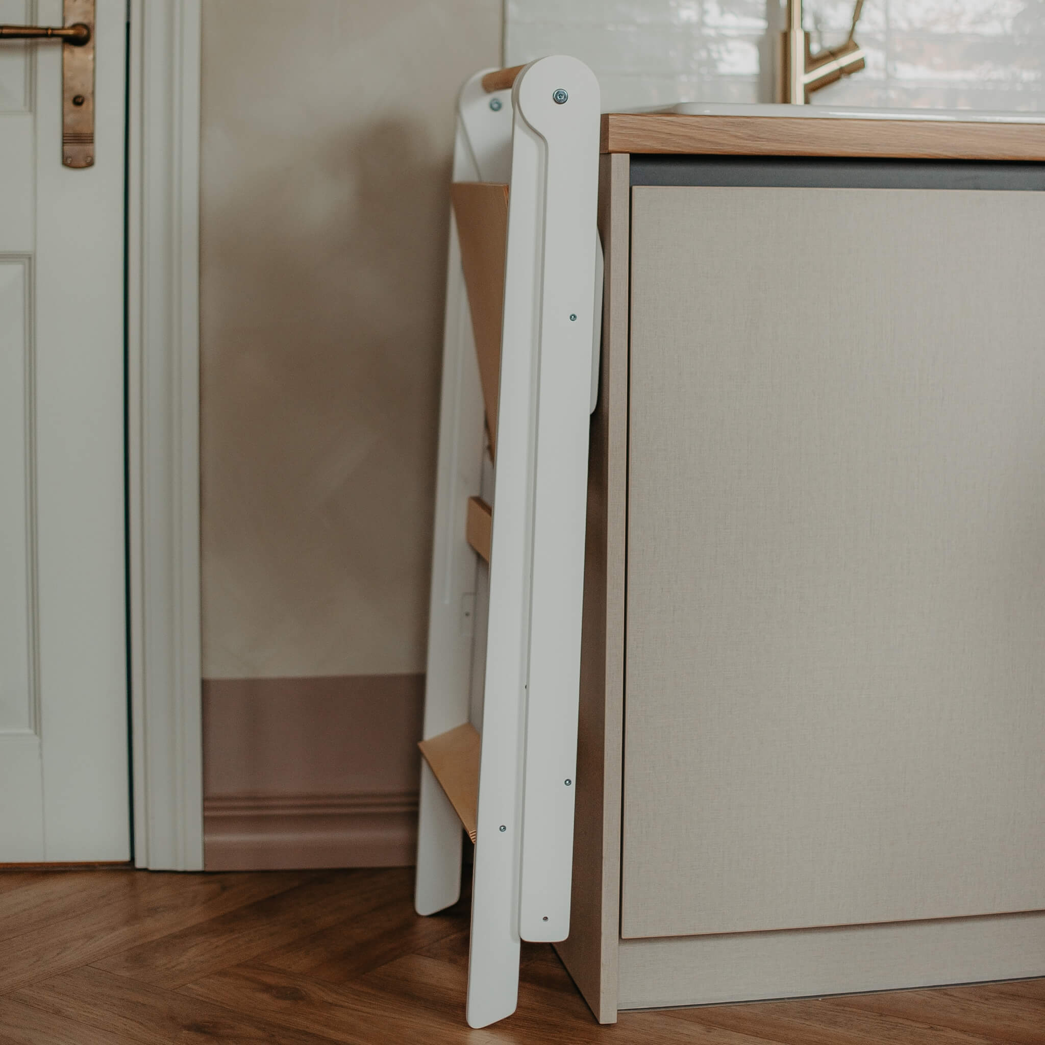 Foldable helper tower fully collapsed for compact and easy storage