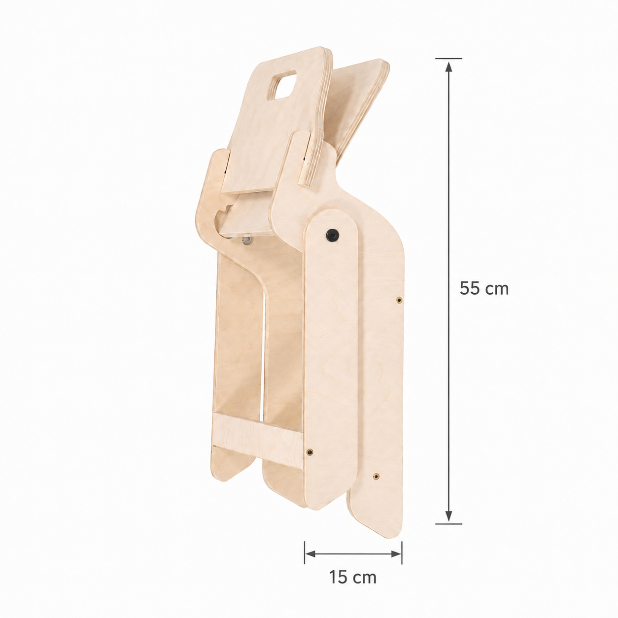 Dimensions of a space-saving foldable kids chair in the folded position