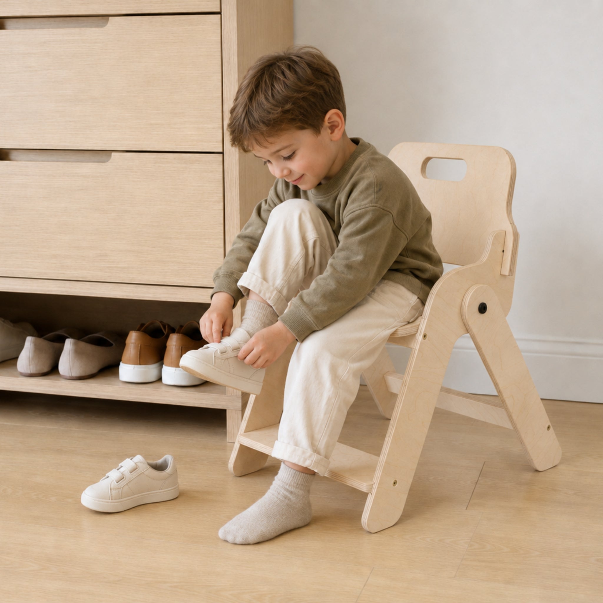Child sitting on a foldable kids chair while putting on shoes in the hallway