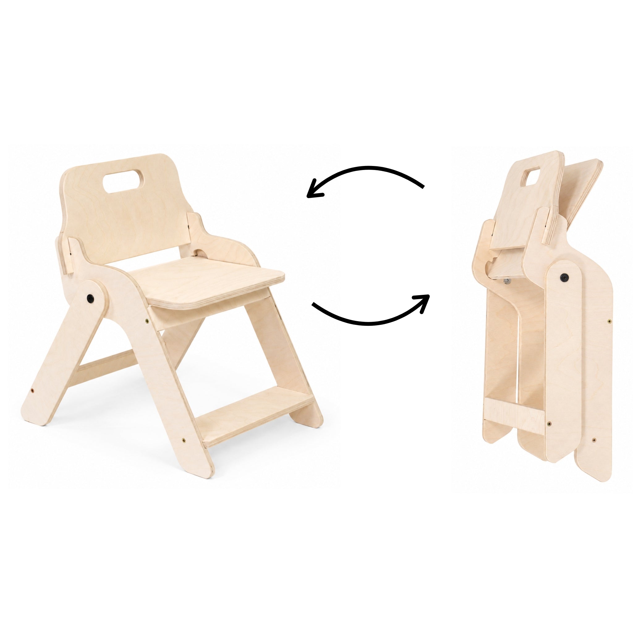 Kids chair transformation from an open seat to a compact folded position