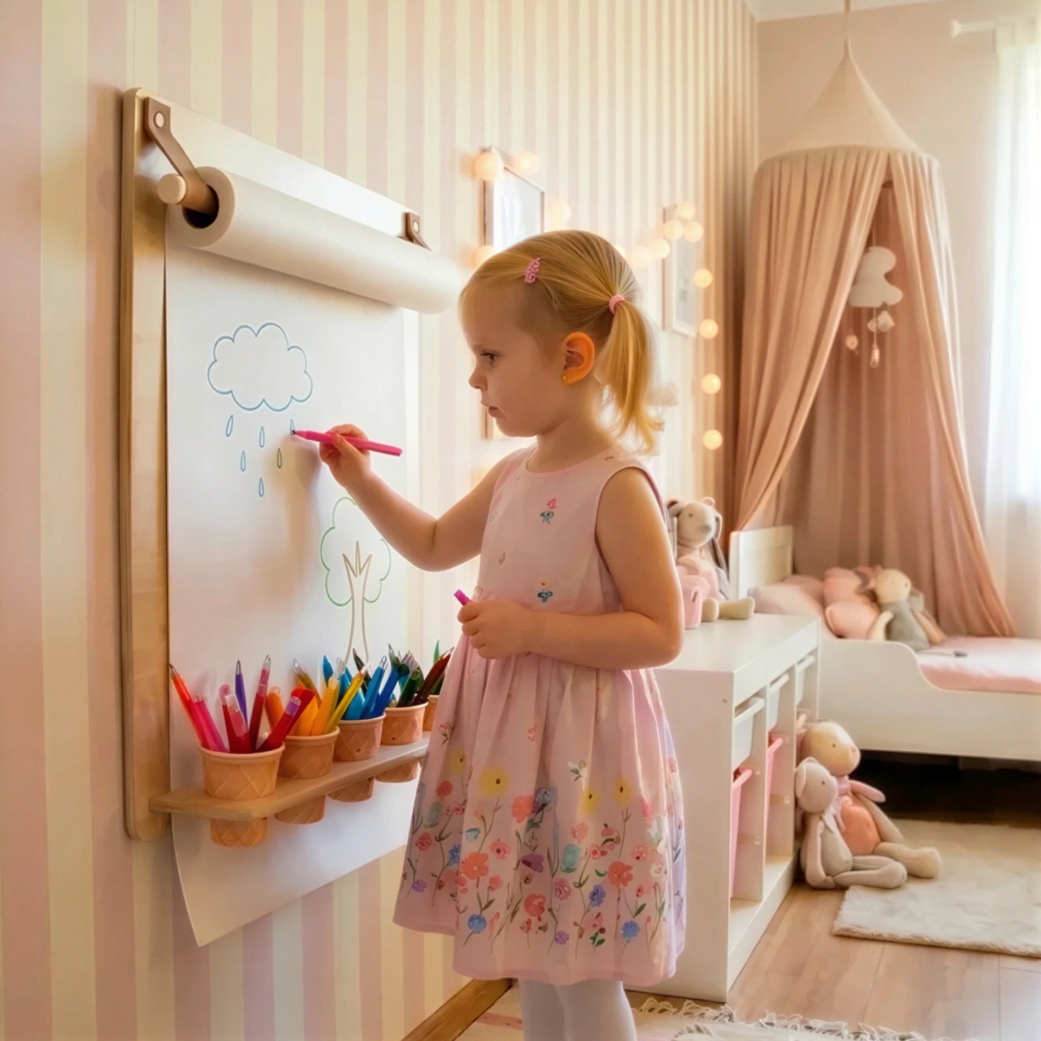 Child drawing on wall-mounted wooden drawing board with pencil holder cups, encouraging creative play