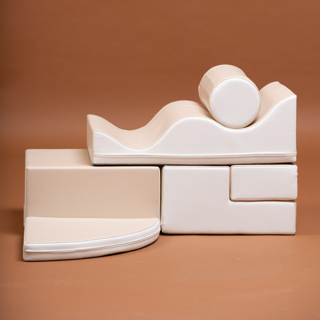 Explorer beige soft blocks arranged in a compact setup on neutral background