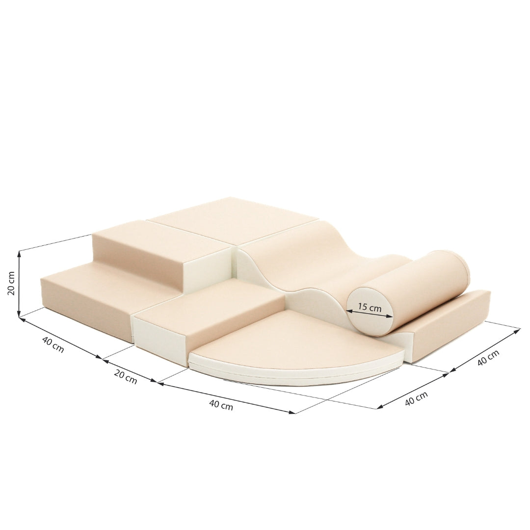 Explorer soft play set in beige tones with dimensions displayed