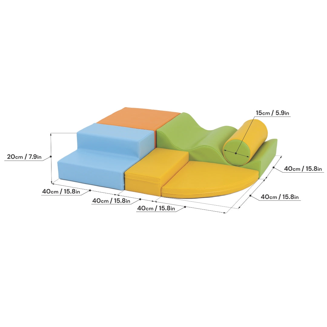 Top-down view of colorful Explorer soft blocks in light shades with visible dimensions