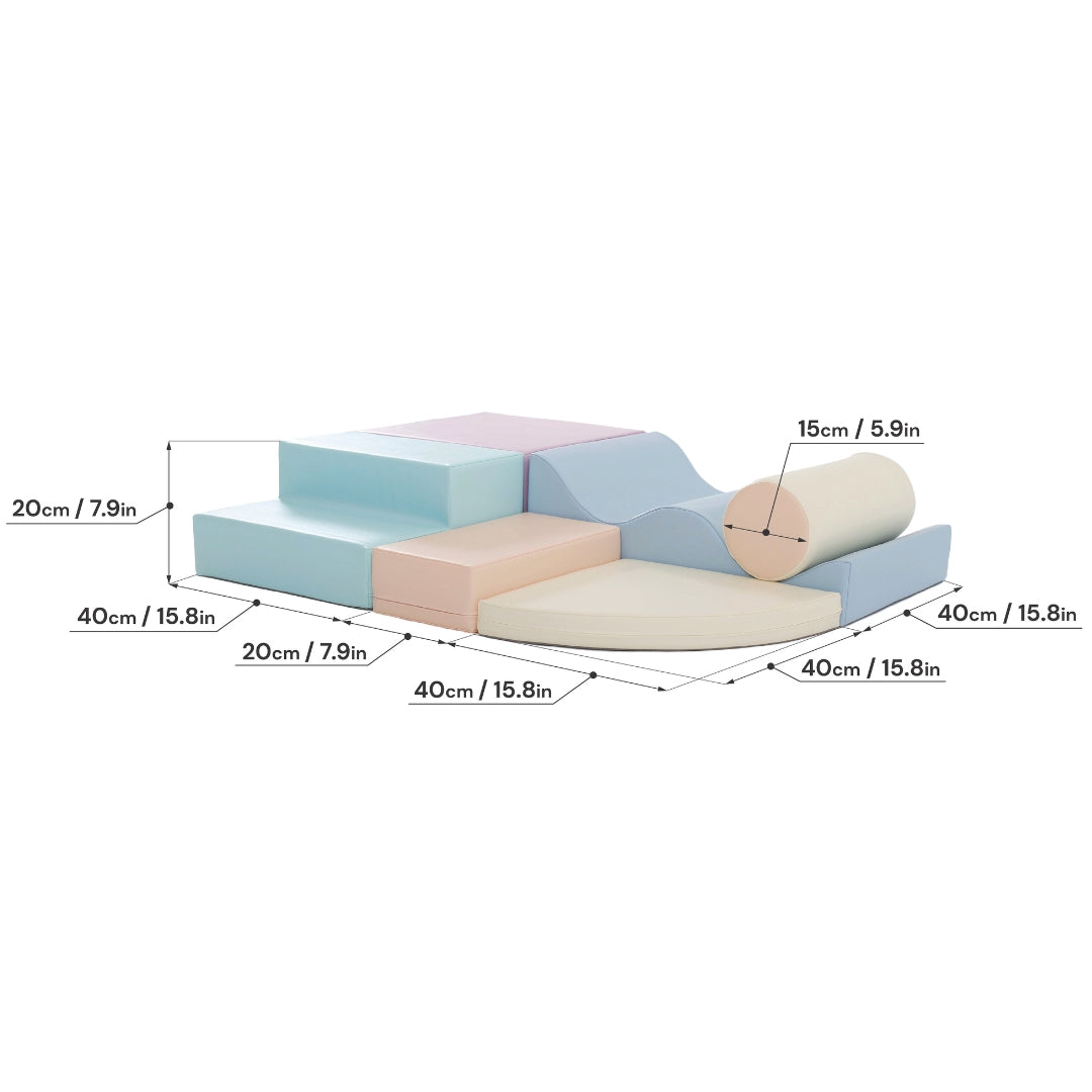 Light pastel Explorer soft play set with individual blocks and dimensions shown