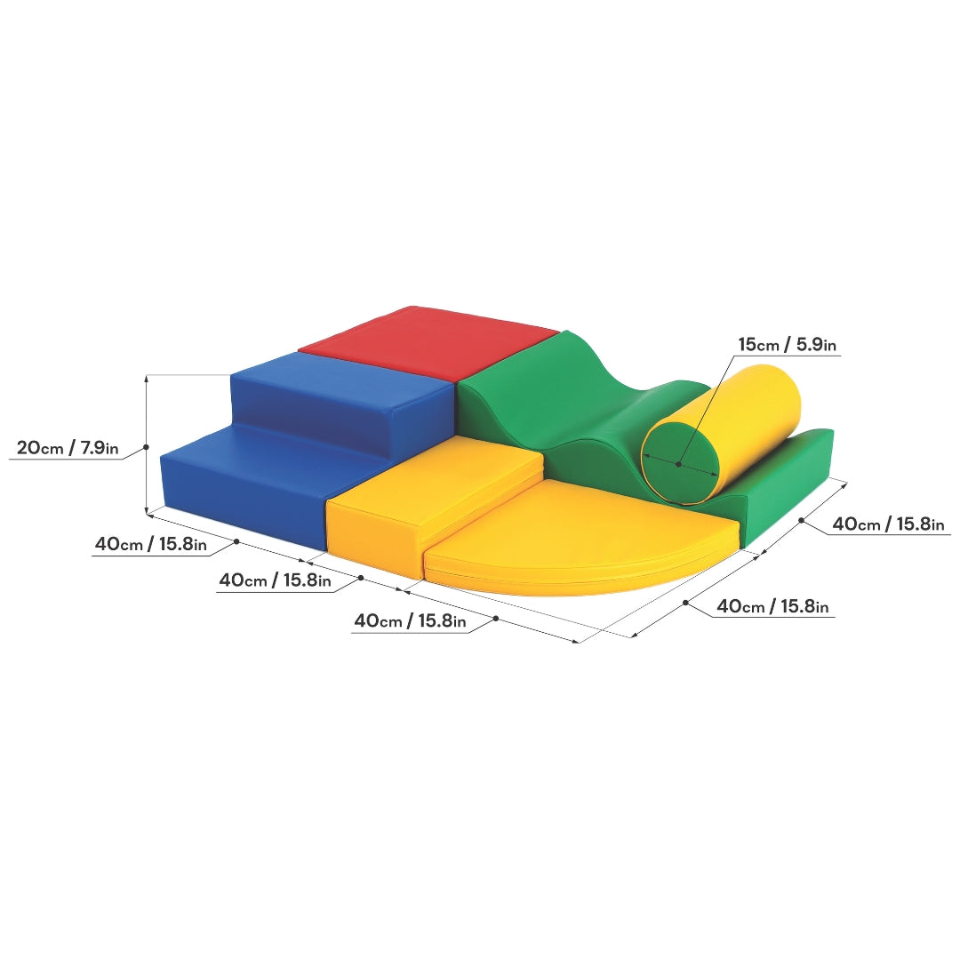 Full set of Explorer soft blocks in multicolor arranged clearly with visible dimension