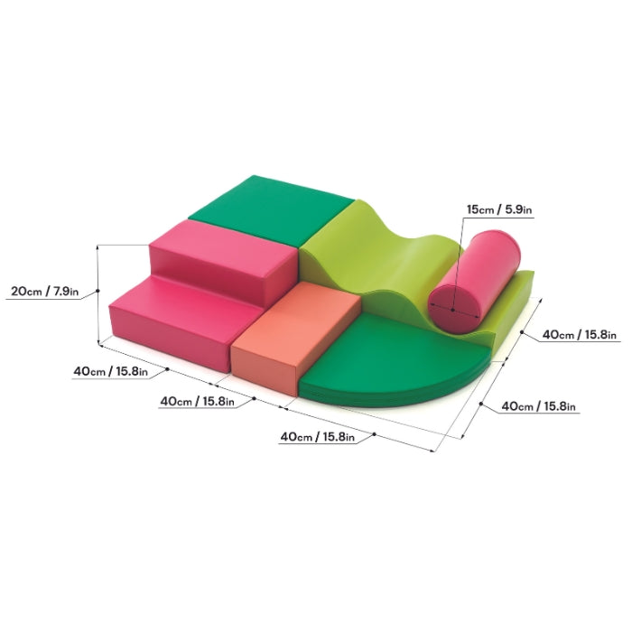 Dimensions diagram of Explorer soft play blocks set in pink, green, and orange colors, displayed assembled