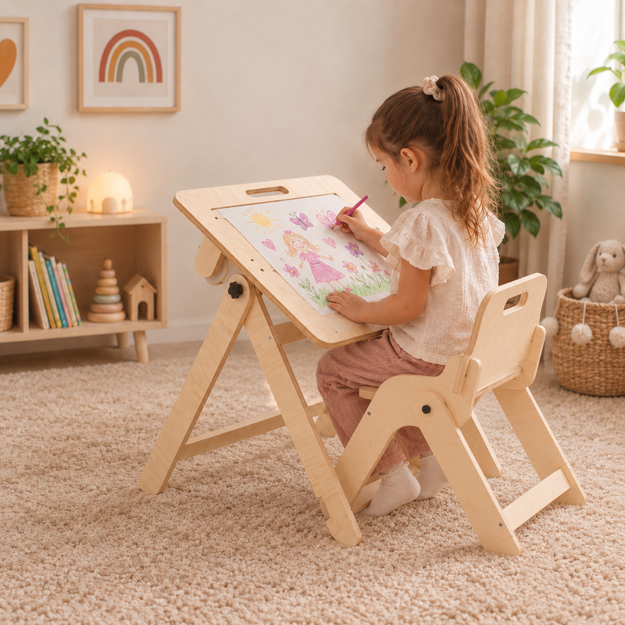 Girl creating artwork at a kids drawing table and chair set in a playroom